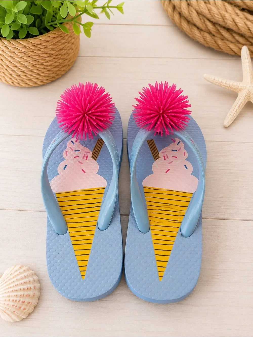 Kids Blue Flip-Flops with Pink Pom Stretchy Ball Accent